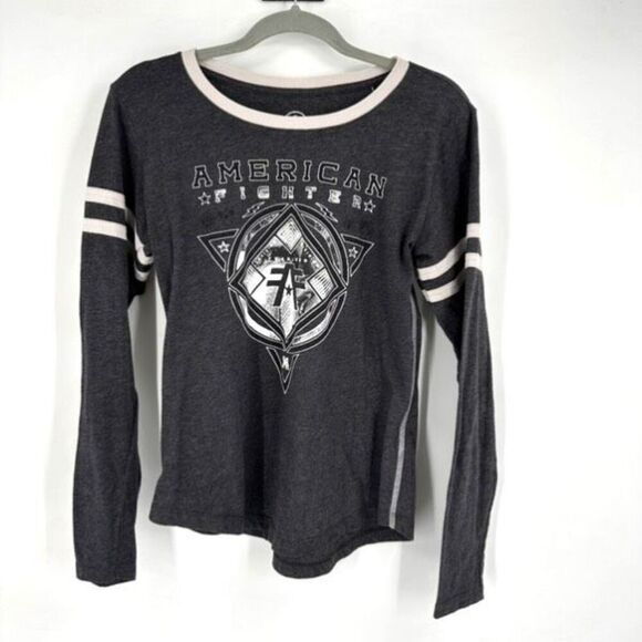 American Fighter Ringer Tee‎ Shirt Gray Long Sleeve Medium - Picture 2 of 11